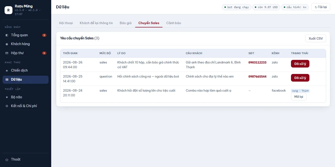 Màn Chuyển Sales của Mini CRM