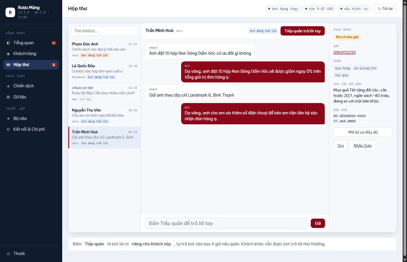 Màn Hộp thư gộp của Mini CRM